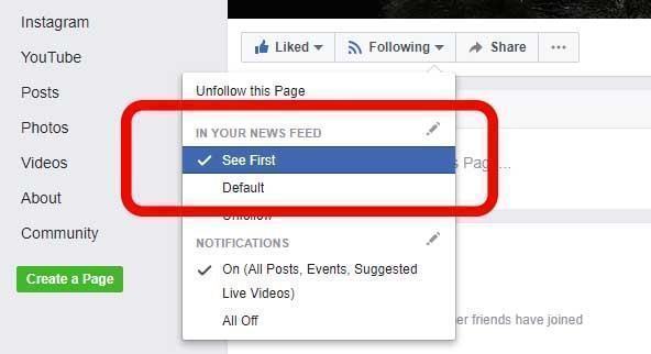 Facebook page see first Facebook page see first