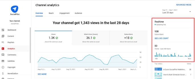 YouTube overview insights showing realtime views on your channel