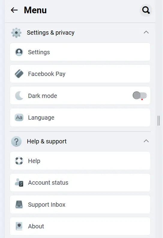 facebook account setting menu
