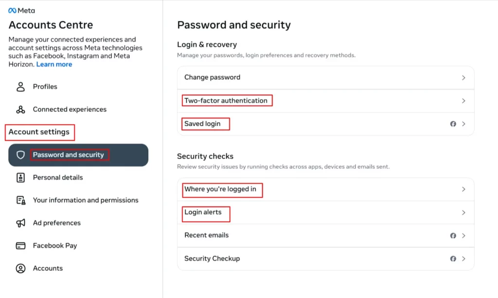 login and account security setting in Facebook stories 