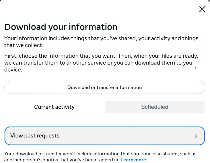 pop up to download activity information on Facebook 