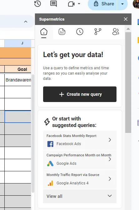 Create a new query with Supermetrics