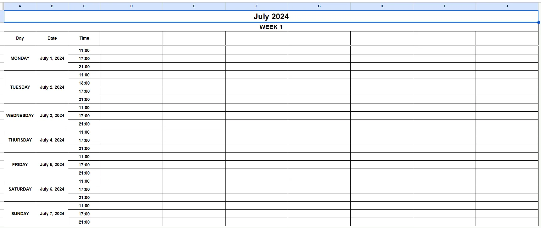 how your calendar will look for the week