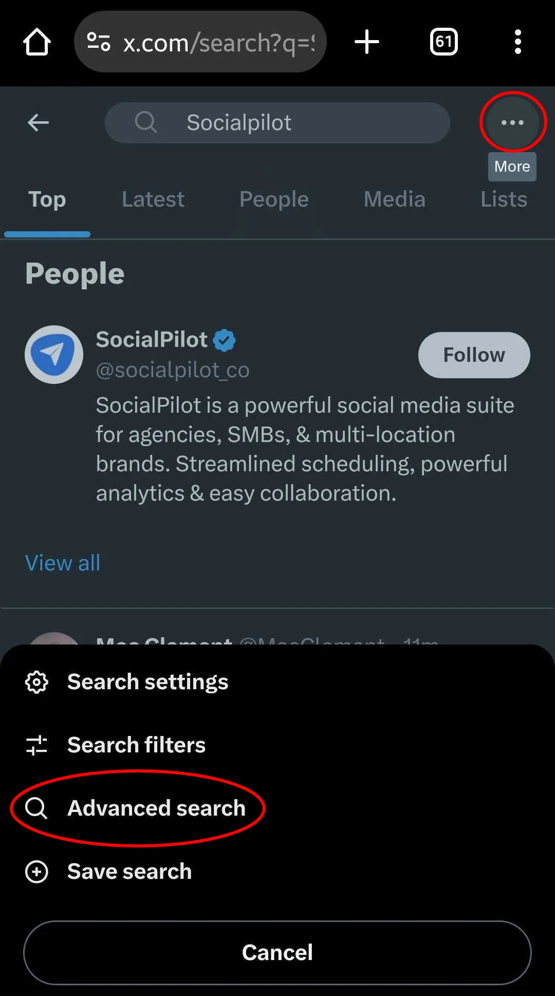 Twitter Advanced search on X mobile app