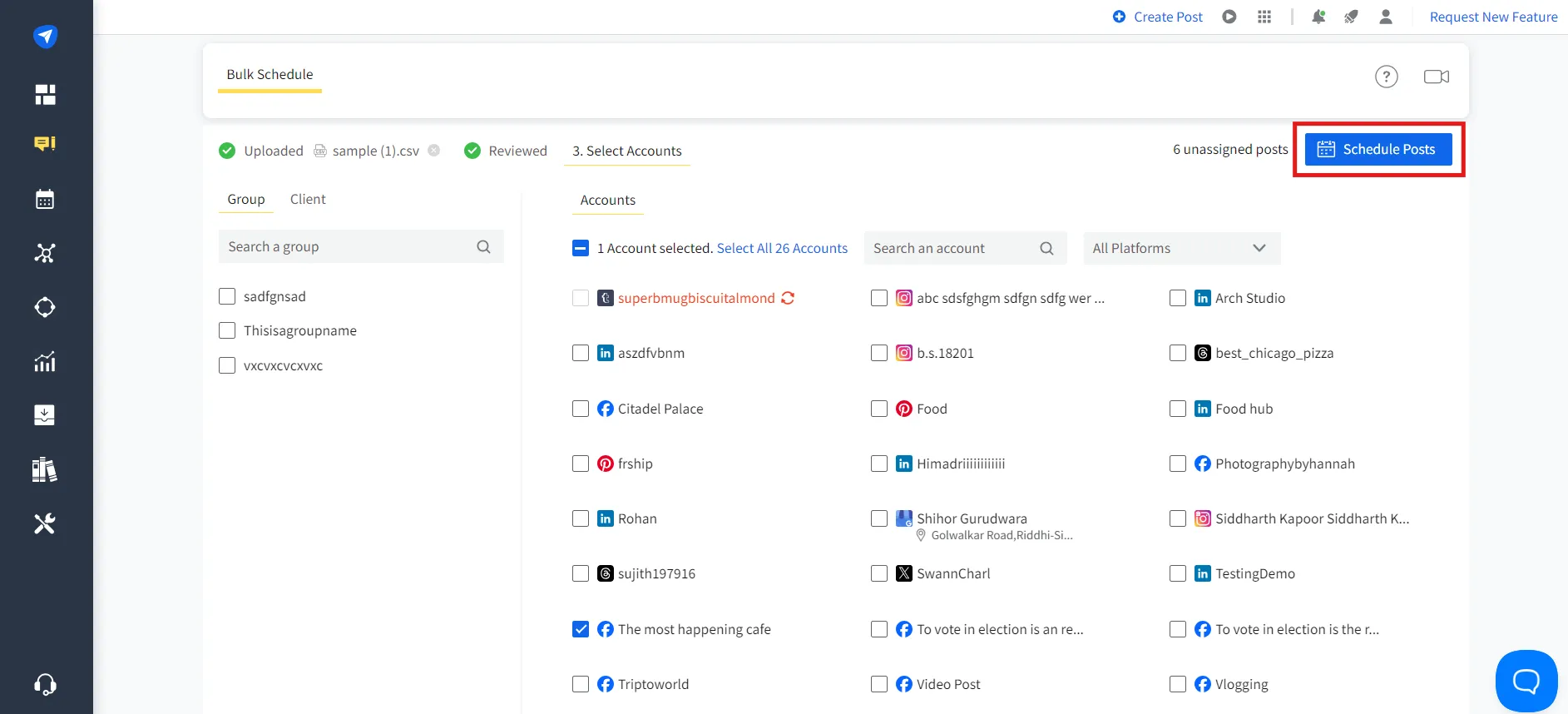 Select Facebook account and schedule posts in one go