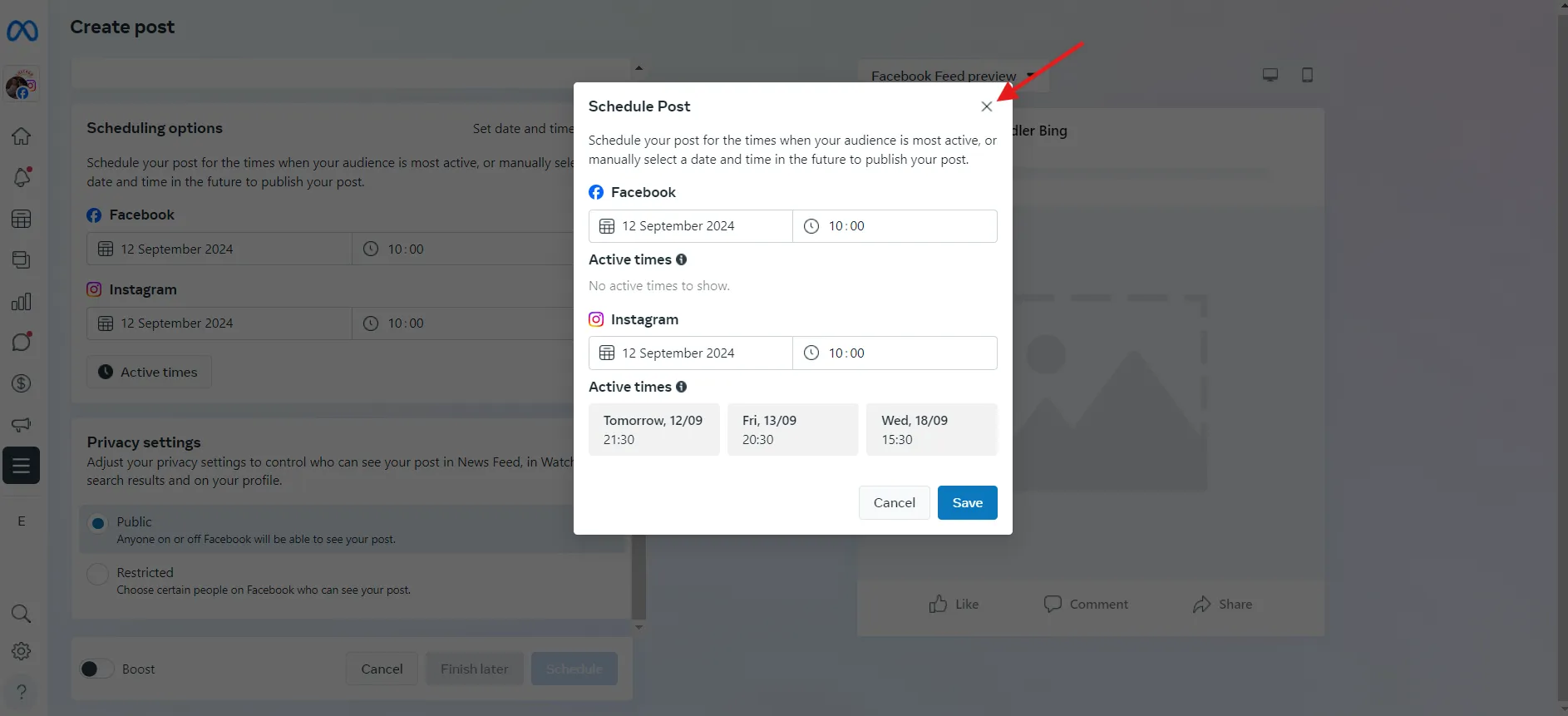 Select data and time to schedule post in Meta Suite