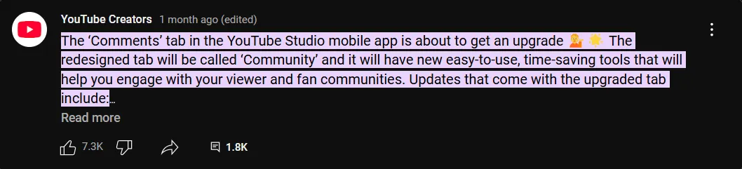 Turning the YouTube comment section to the Community tab