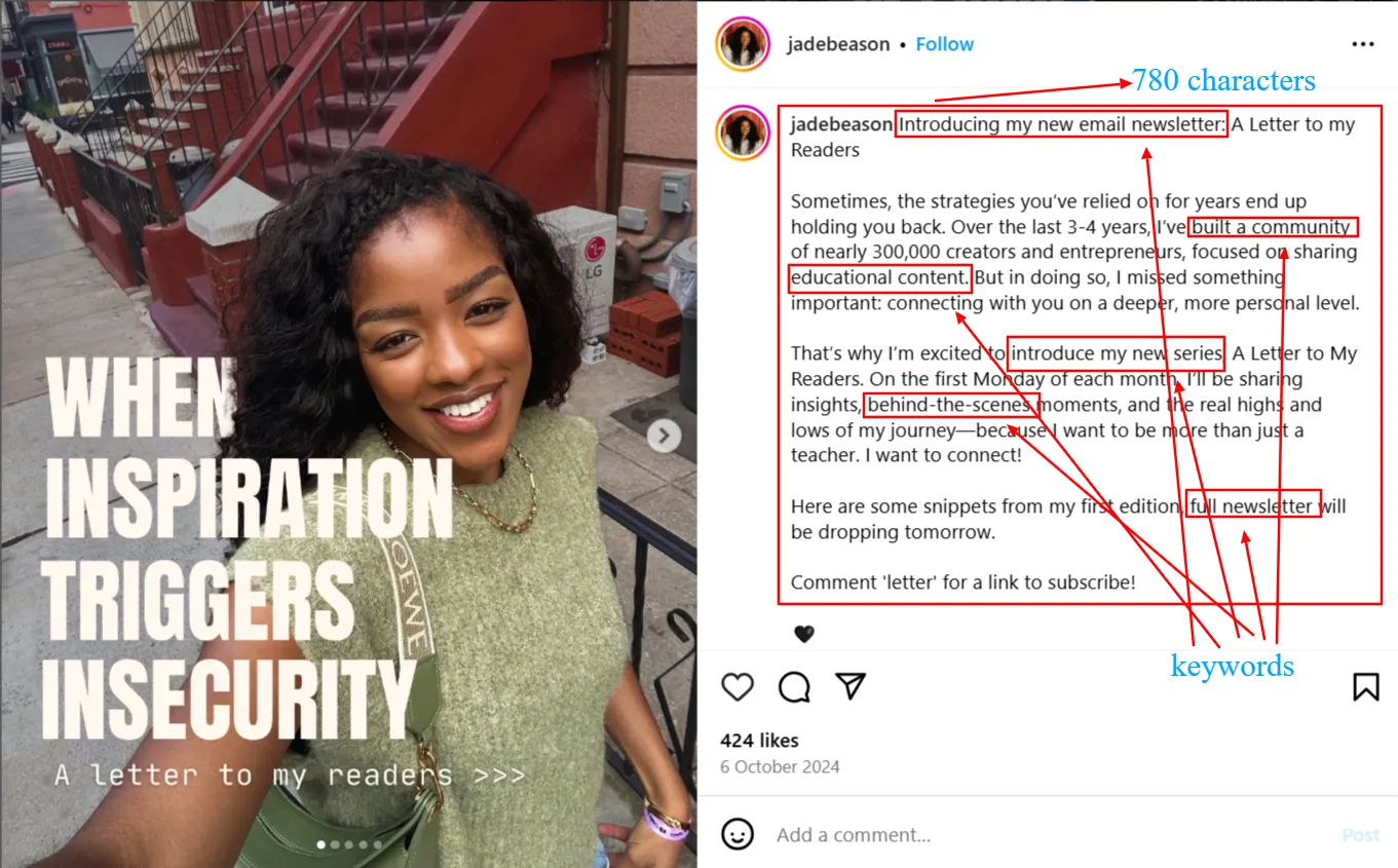 Instagram long-form caption with strategic keyword placement