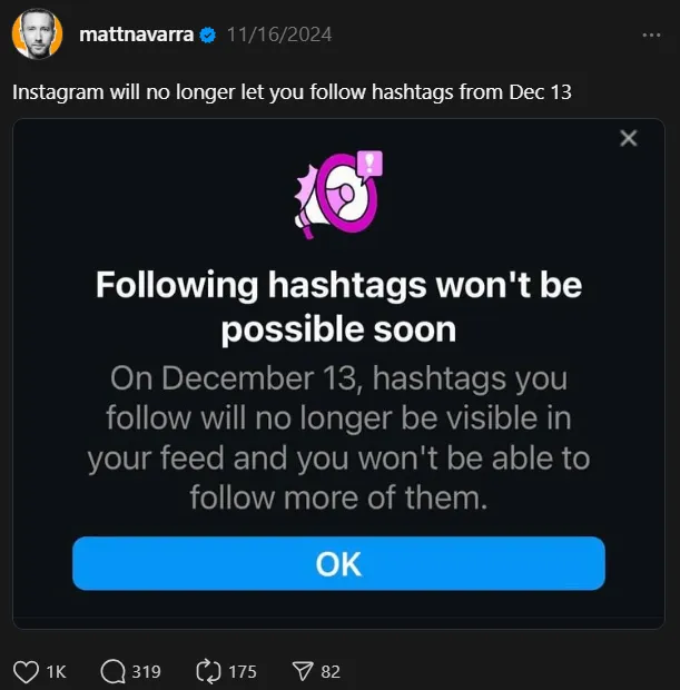 Instagram pop-up for Hashtag following getting removed