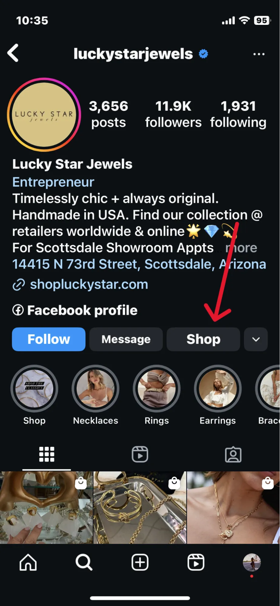 Instagram shop button on business page