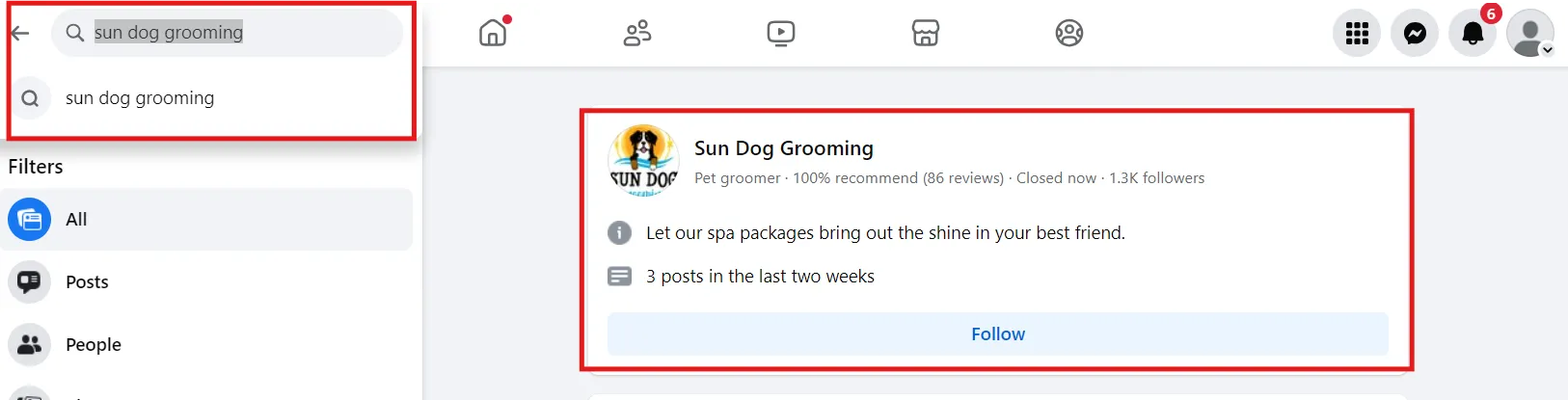 search business page on Facebook