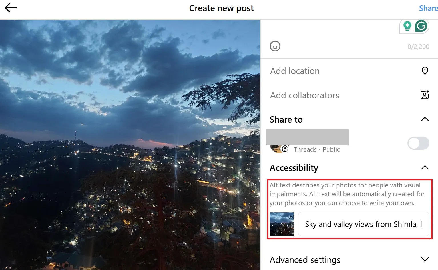 Alt text adding window on Instagram