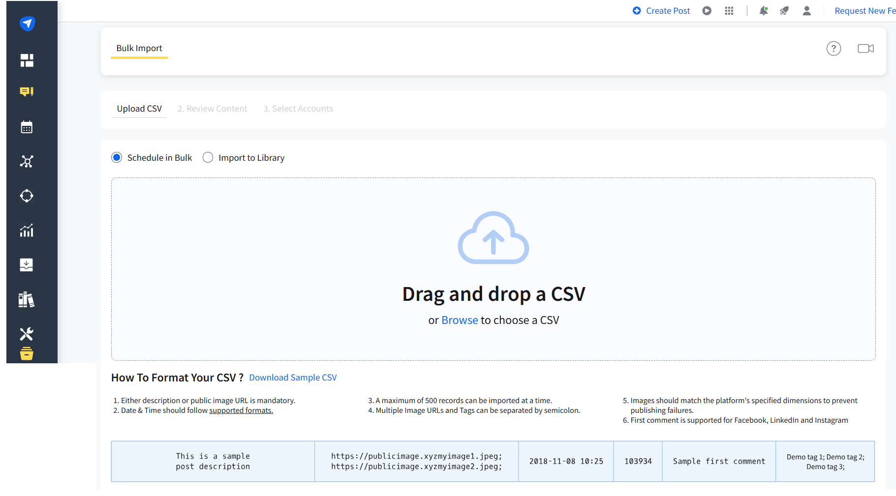 drag and drop your CSV file for bulk scheduling