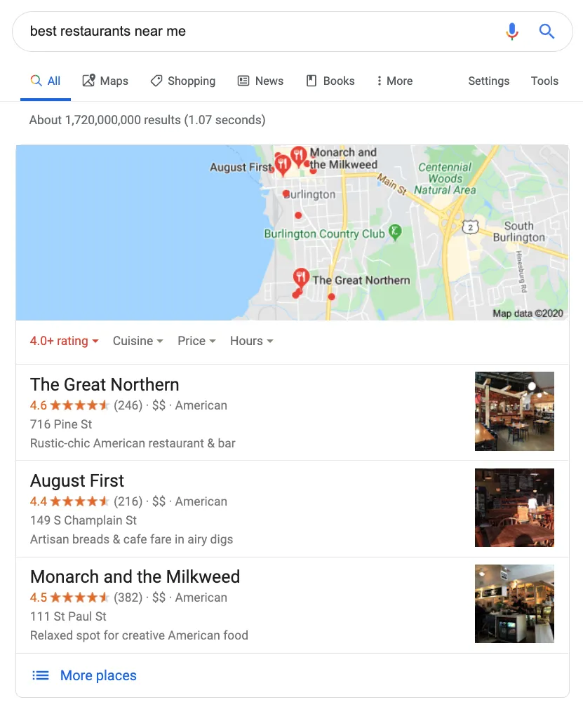 Google search for best restaurants