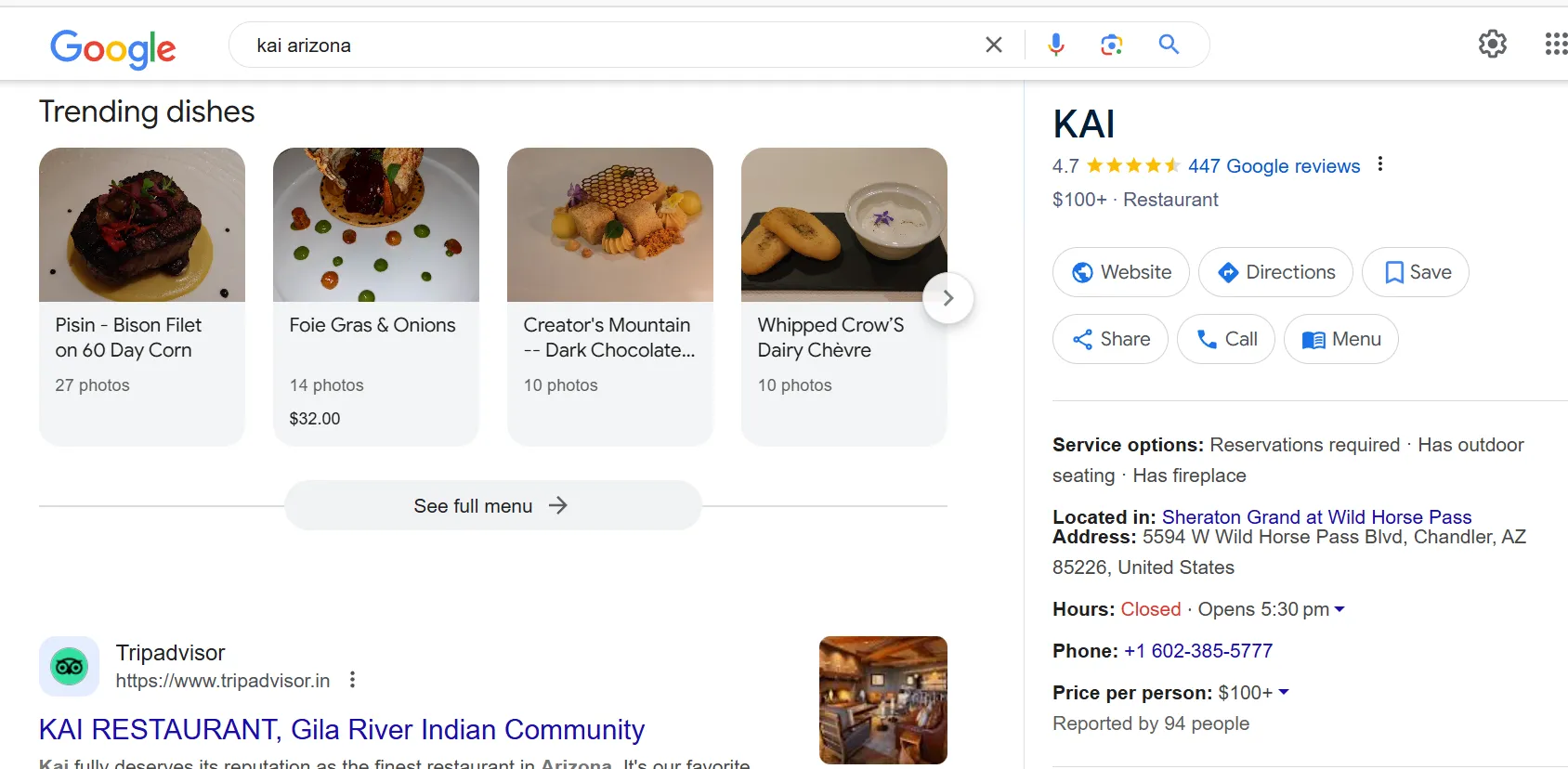 Google search for restaurant