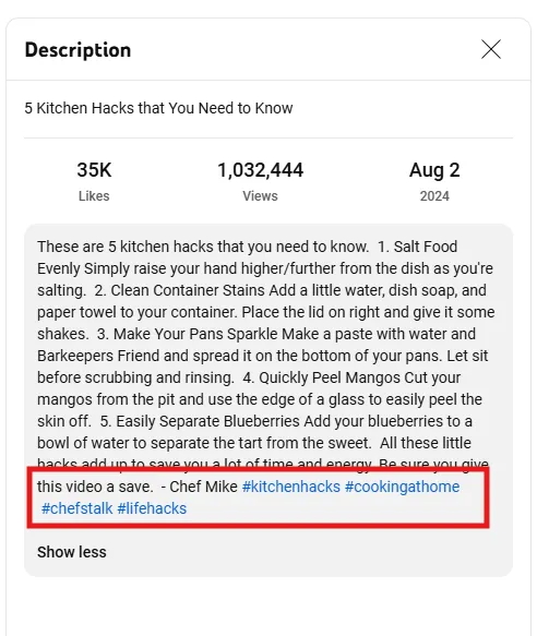 Hashtags in YouTube Shorts
