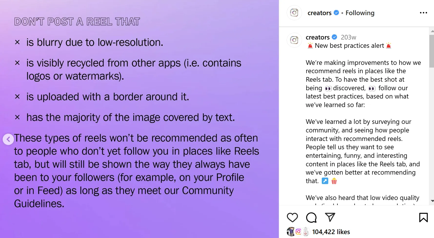 Instagram Creators post talking about media quality best practices