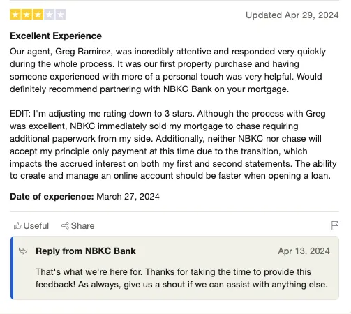 NBKC Bank responded to a neutral review