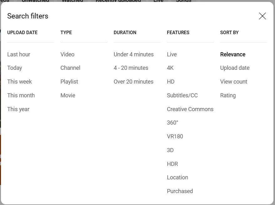 Search filters in YouTube