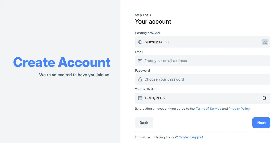 bluesky desktop signup page