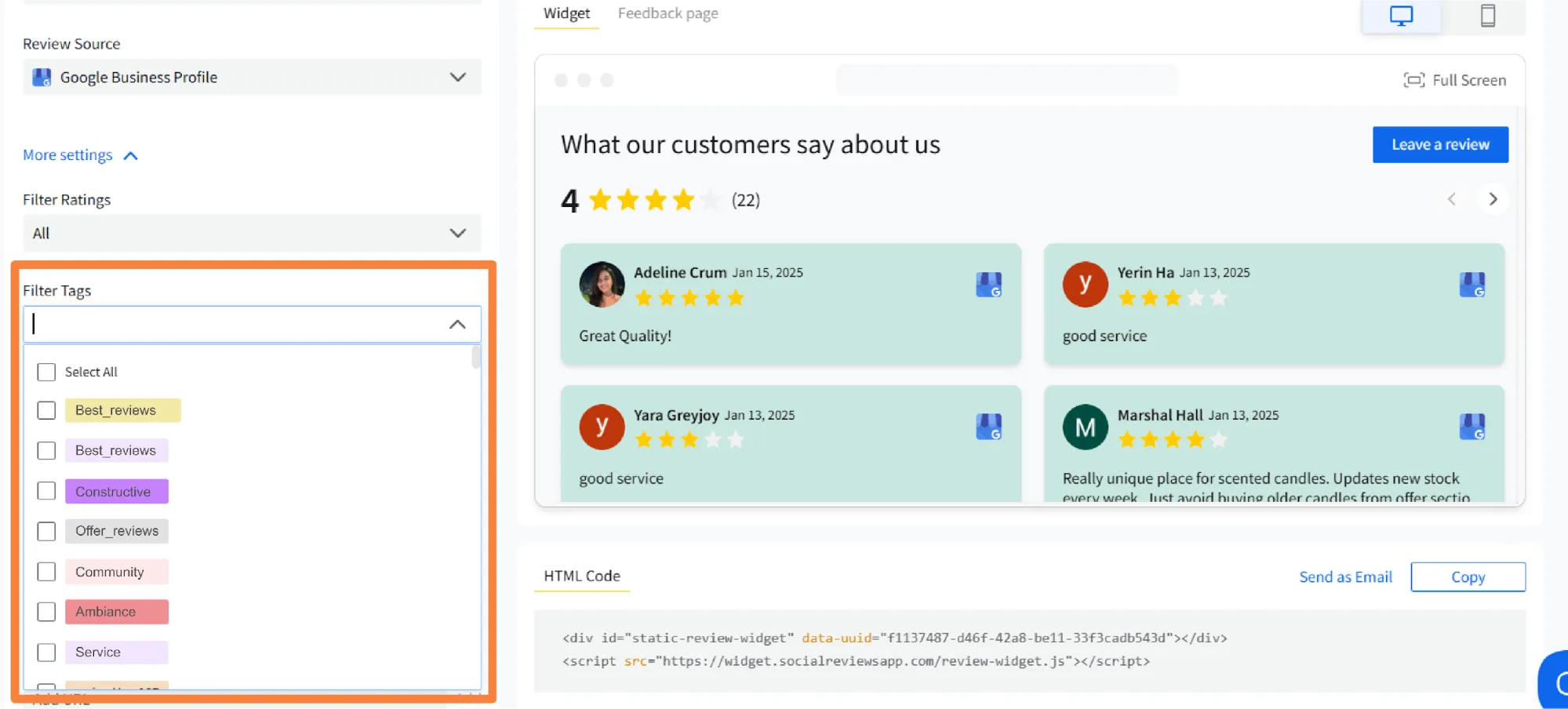 Apply filter to choose facebook reviews to add on the website pages