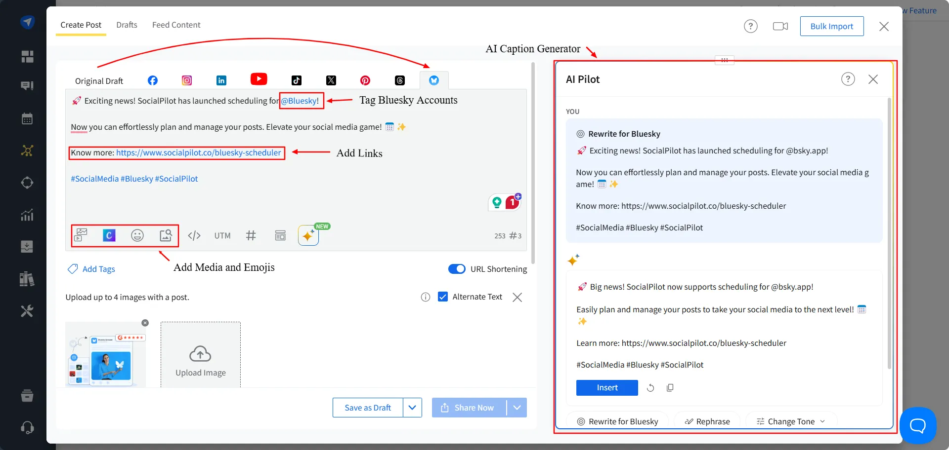 Compose Bluesky post with SocialPilot