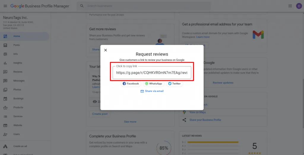 Copy the generated review link