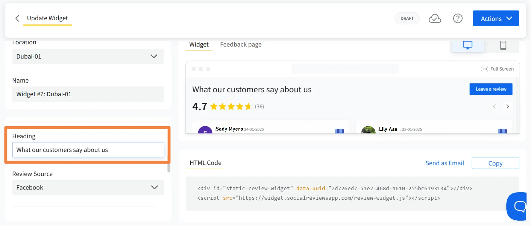 Creating a new heading for the review widget in SocialPilot Reviews