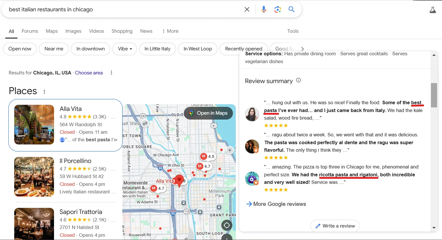 Google local business rankings for best Italian restaurants in Chicago