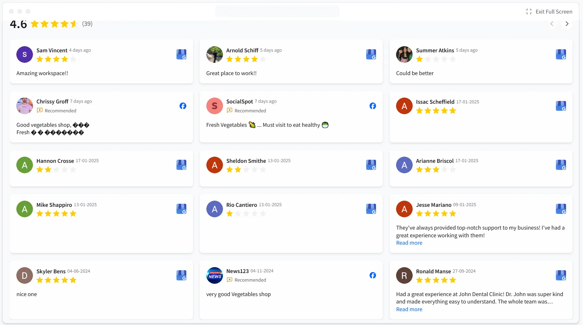 Grid type Facebook review widgets to embed review on website