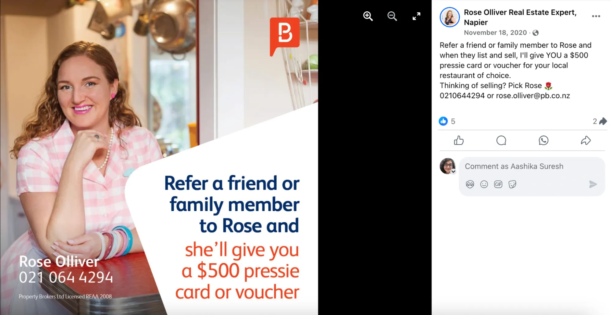 Image of Rose Olliver’s “Refer a Friend” Facebook post