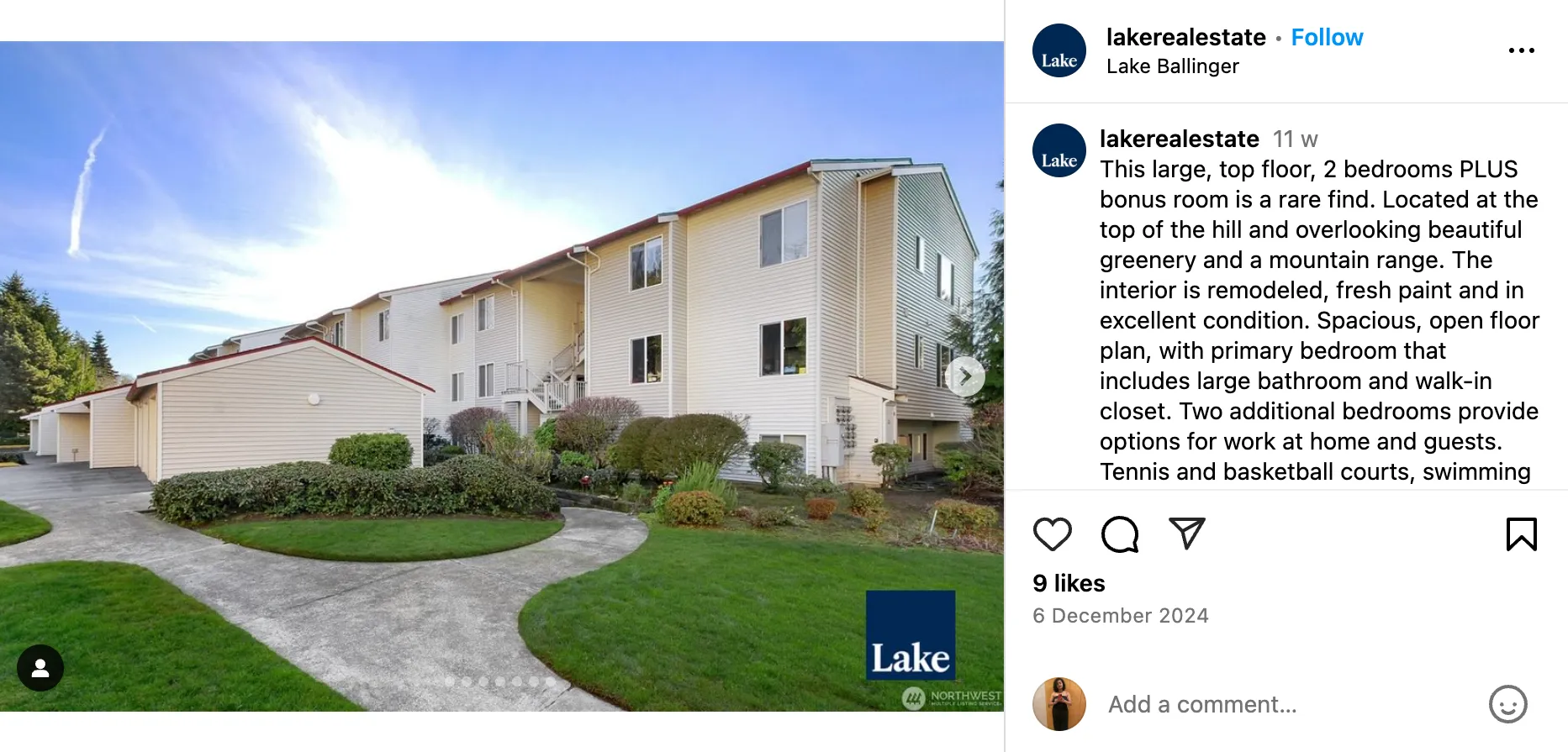 Instagram post highlights neighborhood and community perks in caption