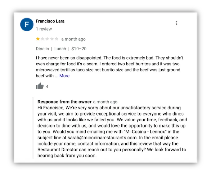 Negative restaurant review on Google Negative restaurant review on Google