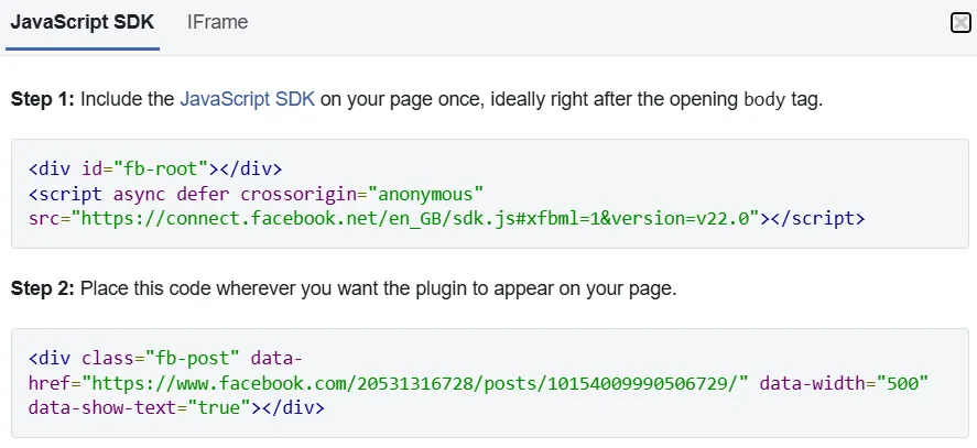 Review embed code in Javascript SDK and IFrame