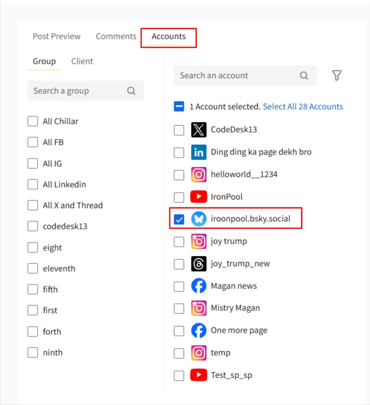 Select Bluesky account