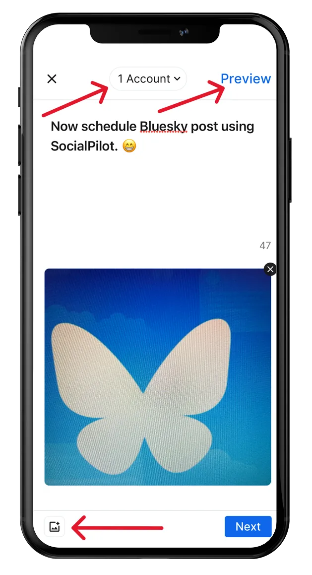 Select account and review Bluesky post on mobile