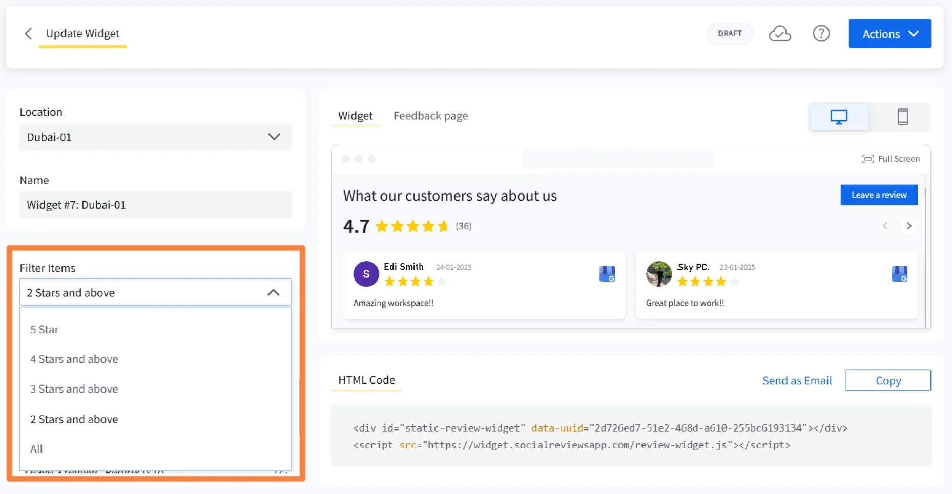 Filtering Facebook reviews based on star ratings
