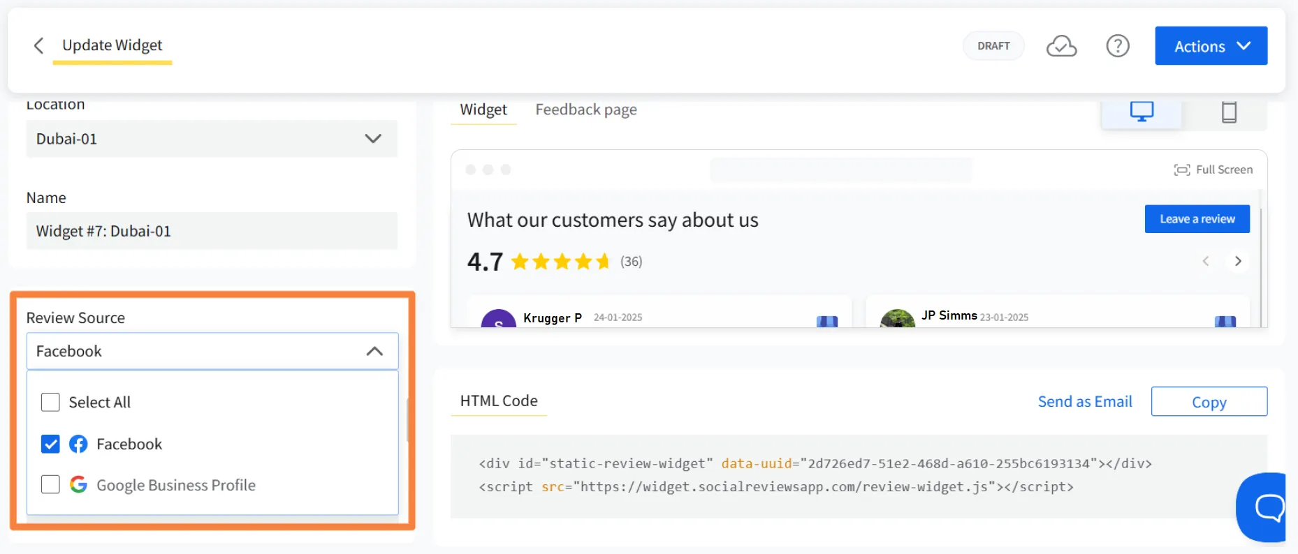 Set review source in SocialPilot Review Widget for adding review on website