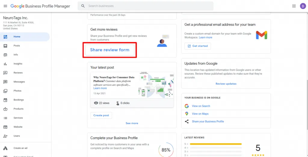 Share a review form button on GBP