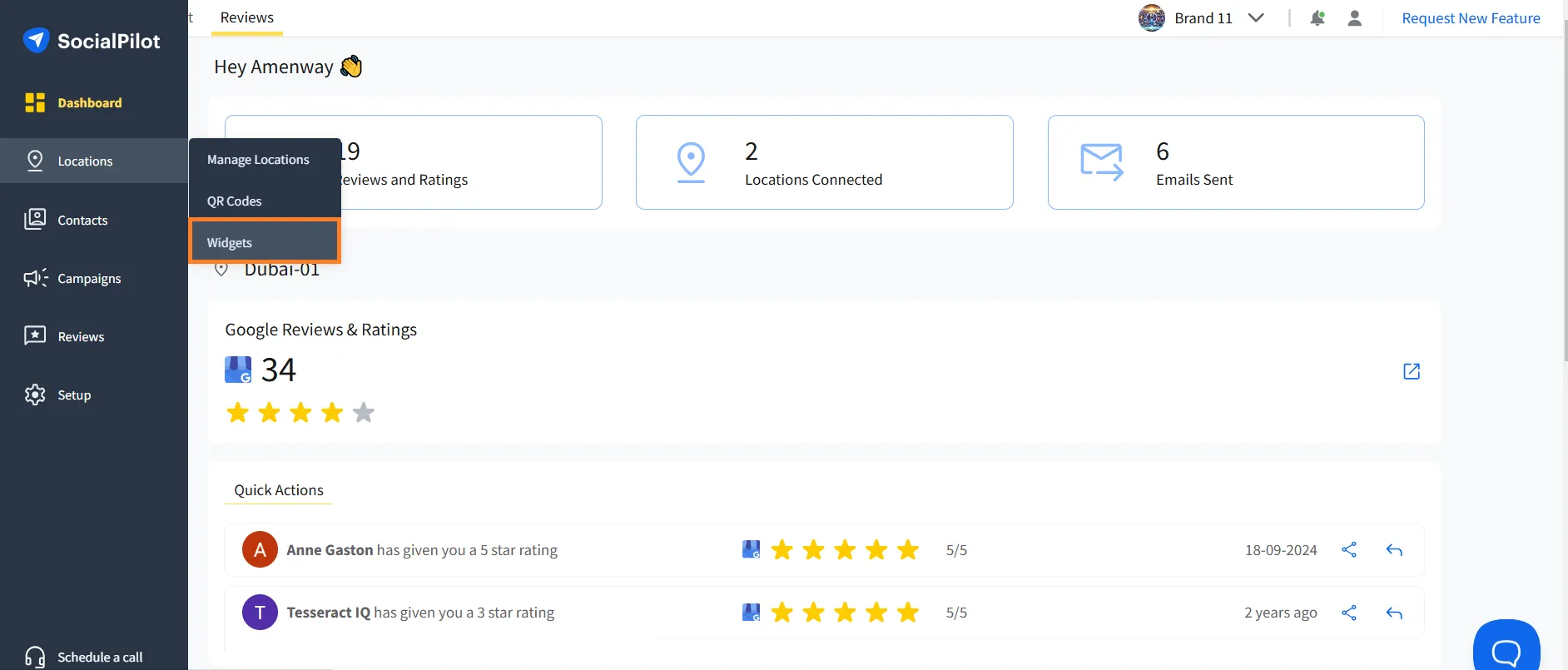 SocialPilot dashboard showing the Reviews section