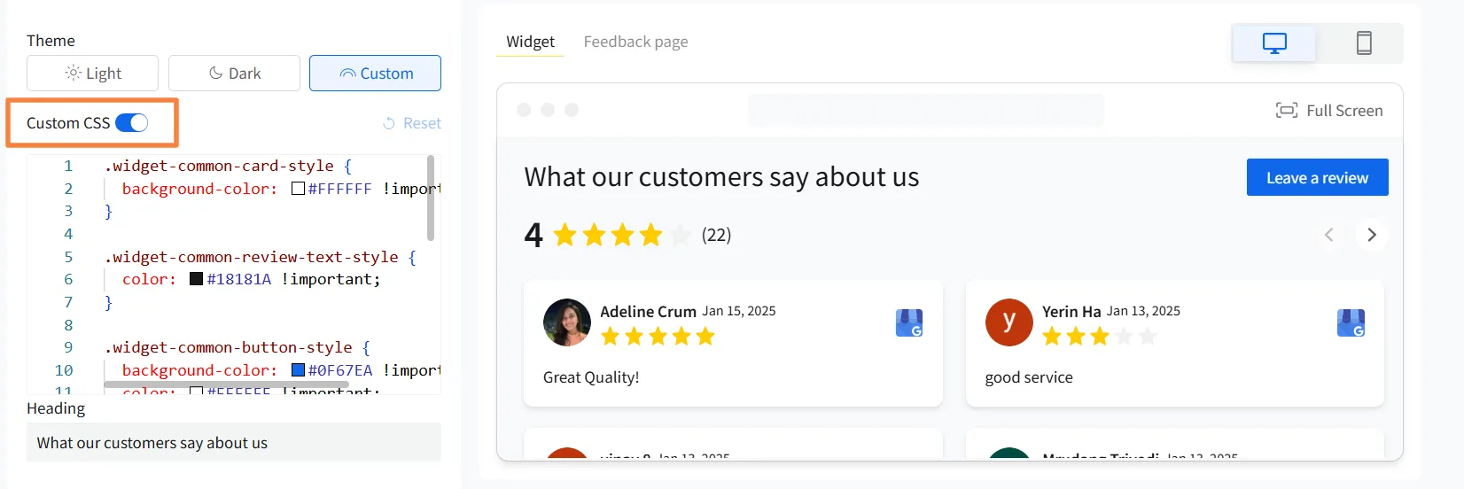 Use custom CSS-based SocialPilot Widget for advance styling on embed reviews on website