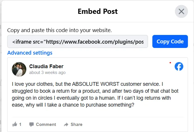 copy the facebook review embed code to paste on your website backend