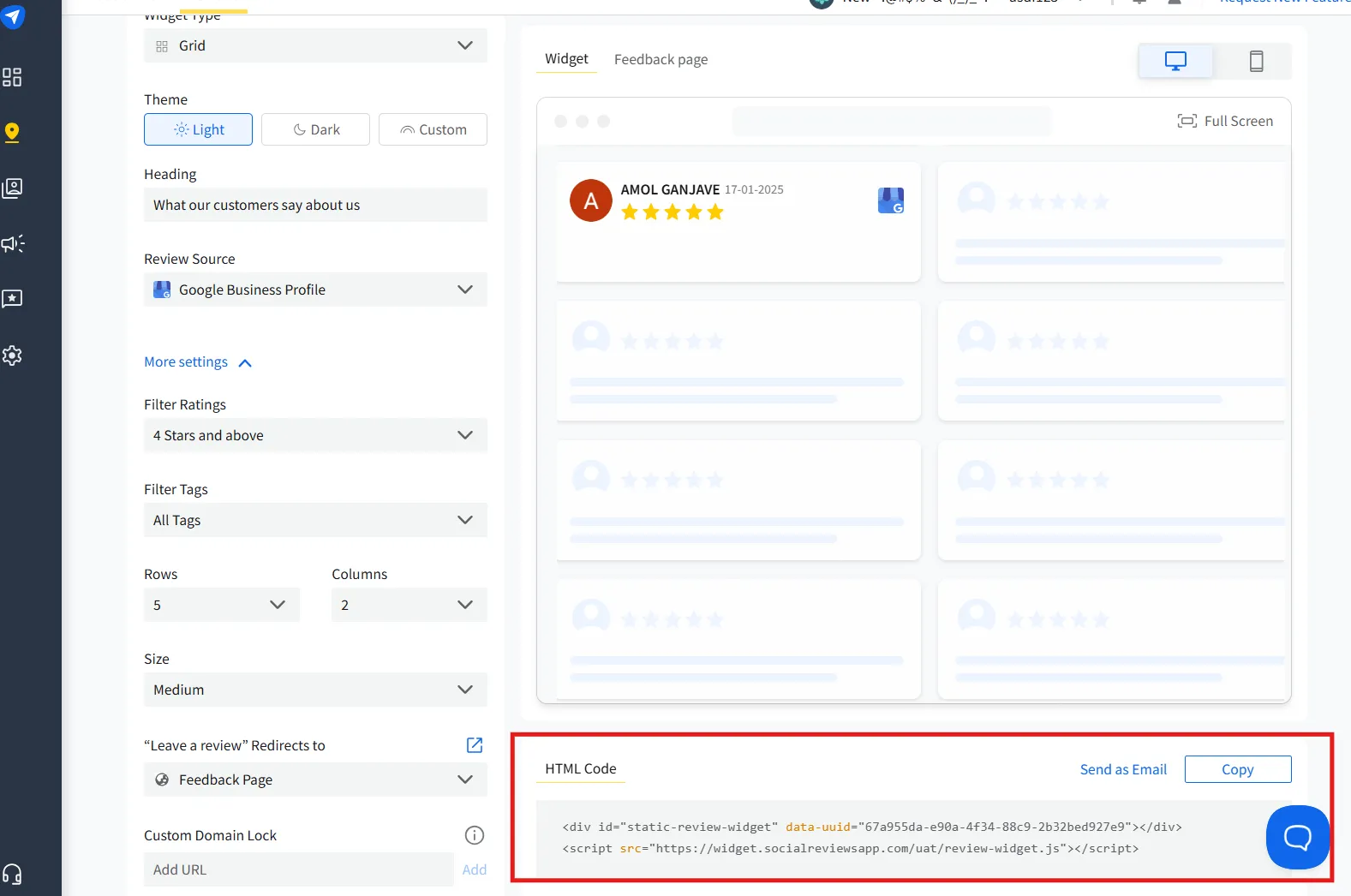 copy the unique code of the widget