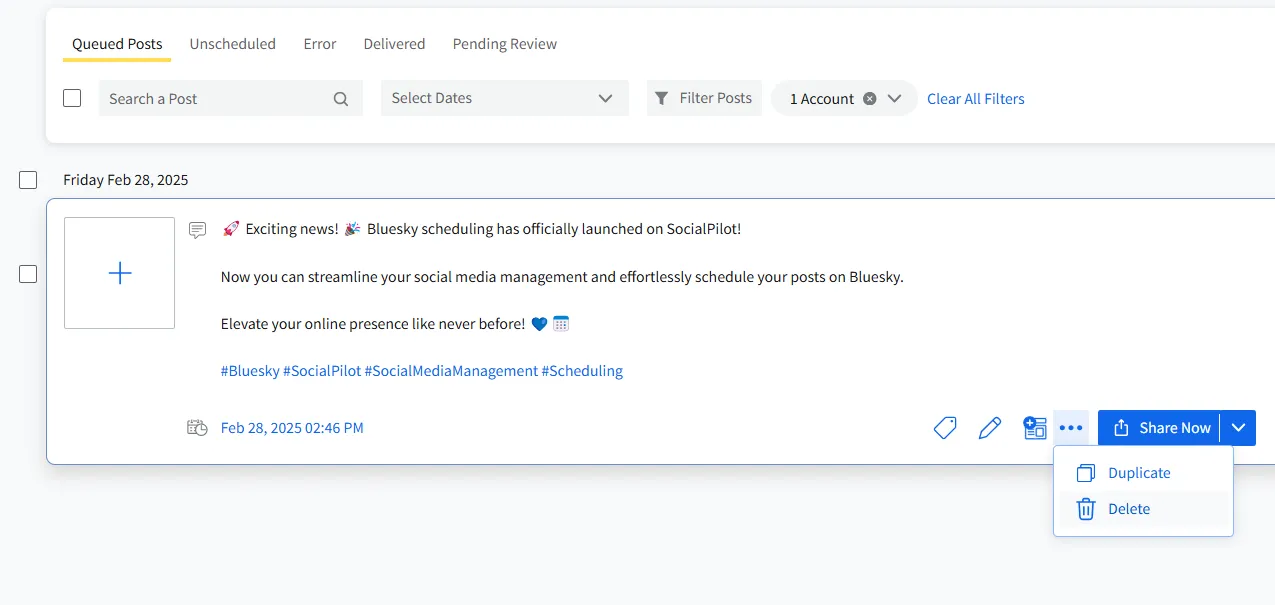 edit or delete Blusky post on desktop in SocialPilot tool