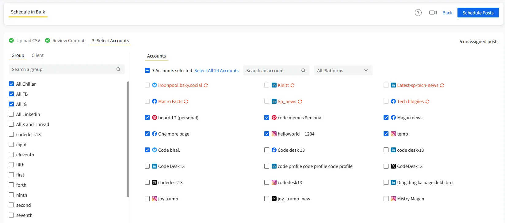 select account to schedule Bulk posts