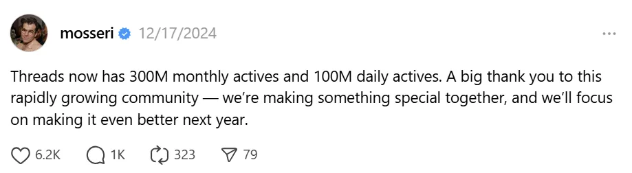 Adam Moseeri’s thread post sharing the increase in users on the platform