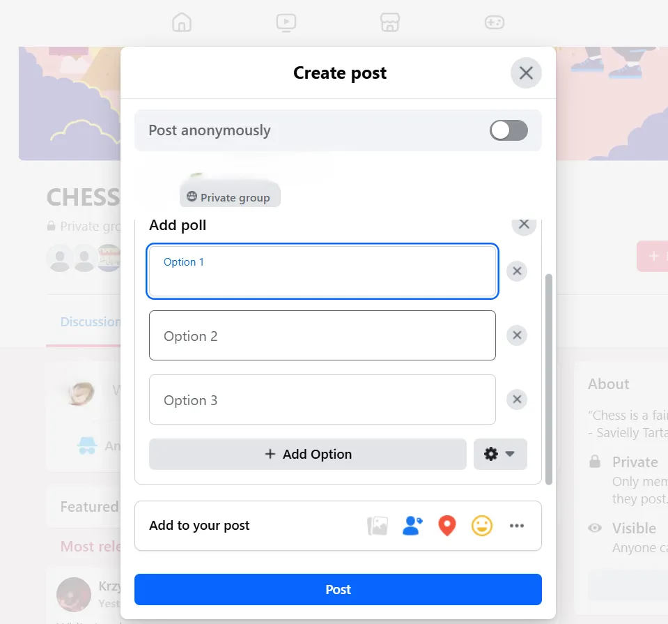 Add poll caption and options to post in Facebook group