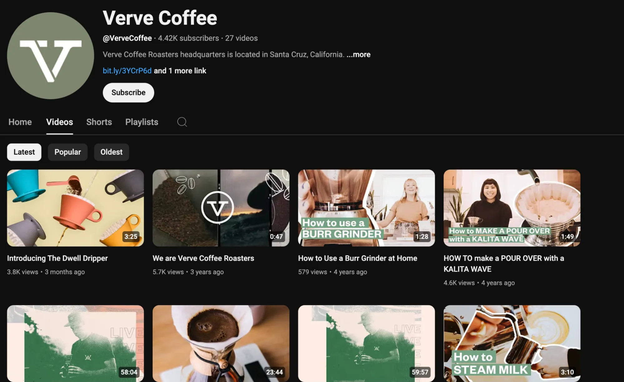 An image showcasing how Verve Coffee uses Youtube to promote their content mix