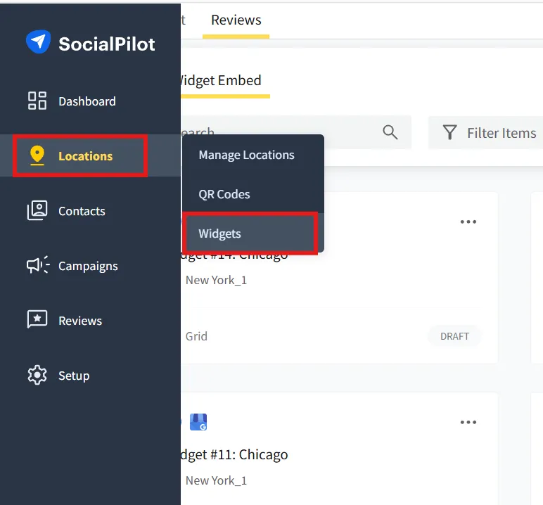 Click on the Locations and widget option in the SocialPilot Reviews dashboard