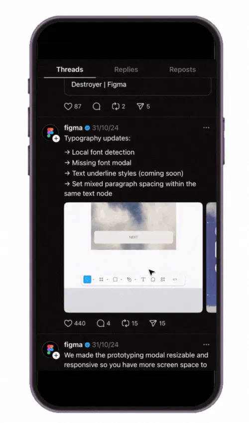 Figma sharing product updates on Instagram threads